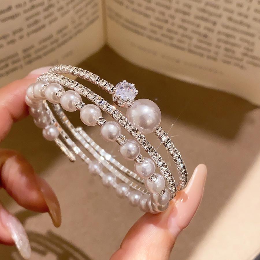 Silver Pearl Rhinestone Layered Open Bangle: Elegant French Retro-Style Bracelet