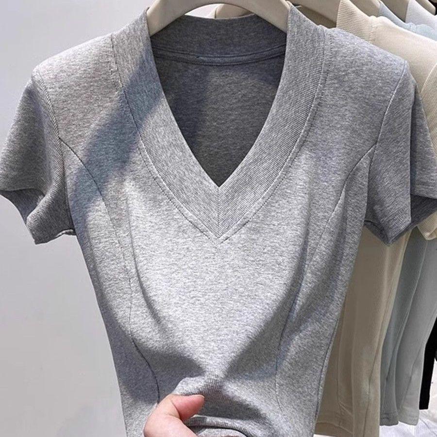 

Women s Cotton T-shirt Summer Solid Color V-neck T-shirt Slim Fit Sexy Short Sleeve T-shirt Top XL серый