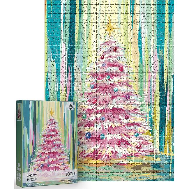 Puzzles for Adults 1000 Pieces Pink Christmas Tree 1000 Piece Puzzle for Adults with Letters on Back Merry Christmas Jigsaw Puzzles Kit for Family
