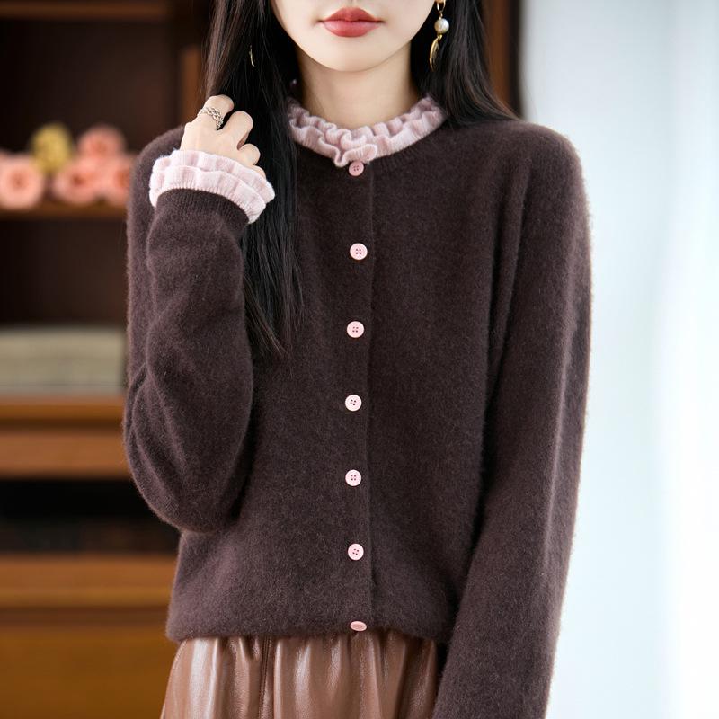 Women's 100% Pure Wool Ruffle Edge Cardigan - Autumn Loose Knit Cashmere Sweater