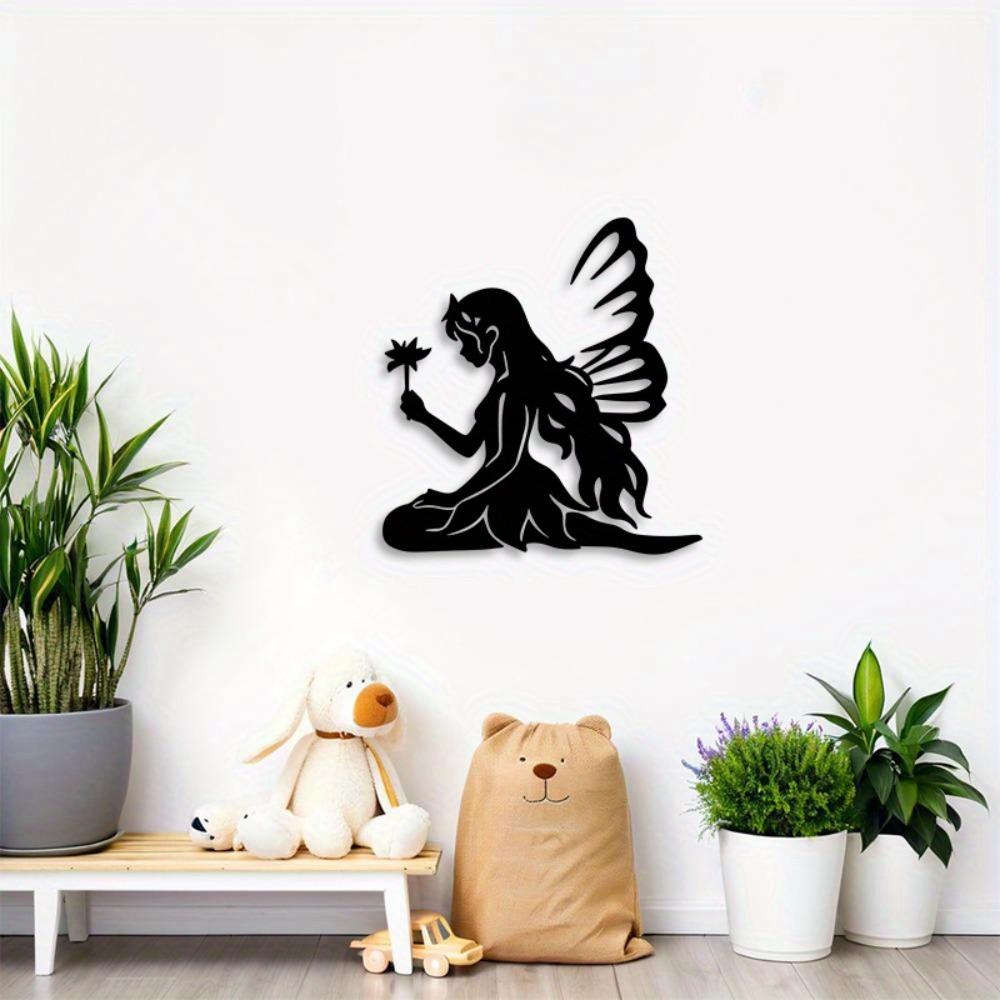 2D Metal Fairy with Lotus Wall Art, Iron Silhouette Sign for Garden, Yard, Living Room Decor, Indoor Outdoor, No Electricity Needed, Magical Accent
