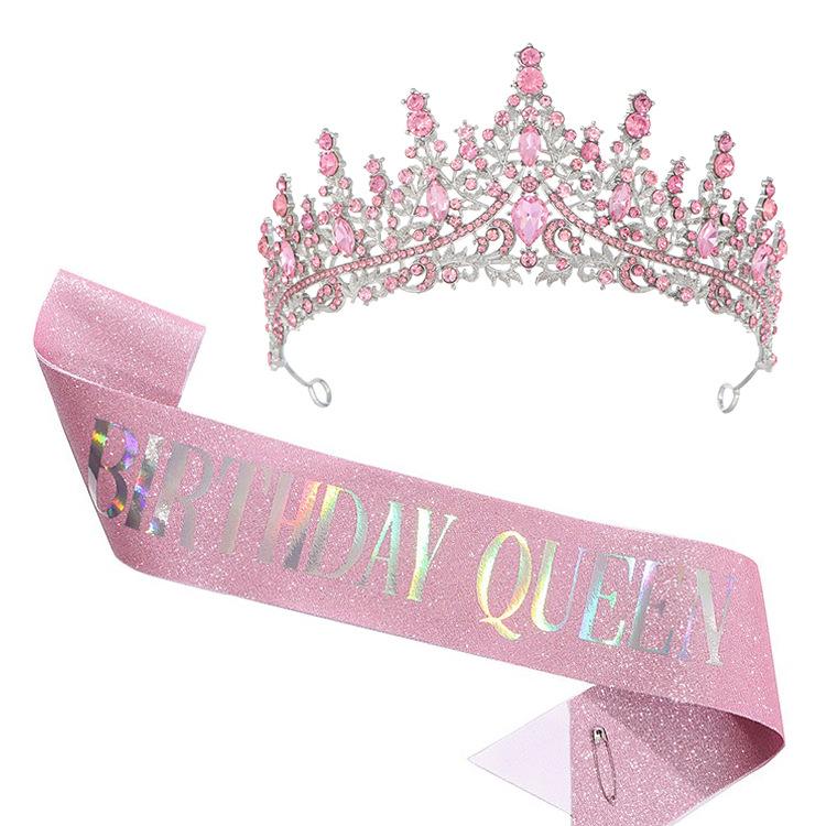 Birthday Queen Pink Crown Strap Set Birthday Queen Crystal Rhinestone Crown Party Accessories