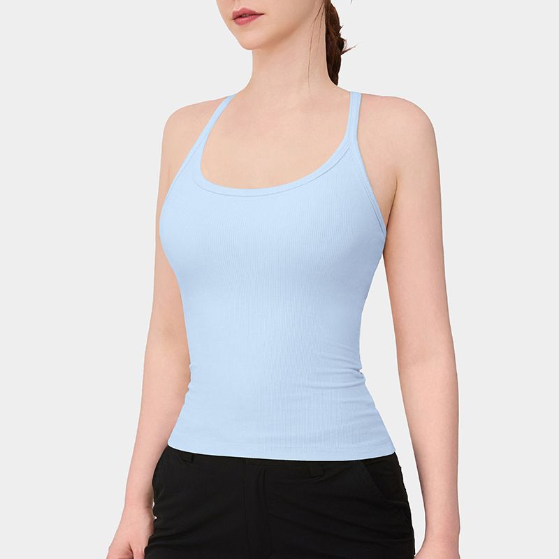 

Foreign Trade Sports Underwear Belt Chest Pad I-Shaped Vest Women Inner wear Summer Outer Wear Slimming Yoga Fitness Gyaru Top Sea salt Blue L