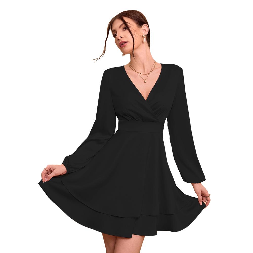 European and American Women's V-Neck Satin Dress - Elegant Spring/Summer Style with Lantern Sleeves and Slim Fit.