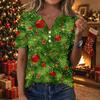Women's Christmas Print V-Neck Short Sleeve T-Shirt with Decorative Buttons Casual Top