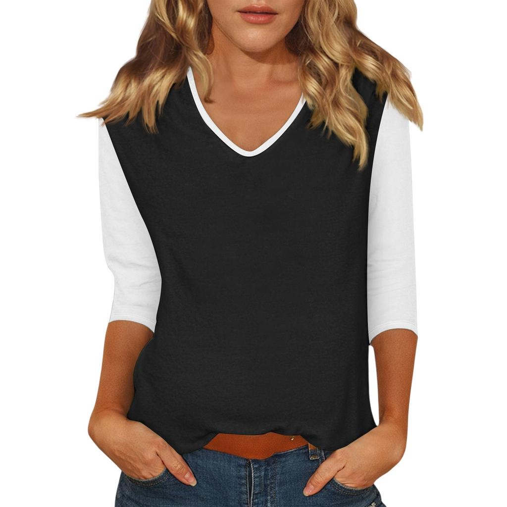 Women's Casual Fashion Sexy Comfortable V-neck Stitching Color Three-quarter Sleeve Top