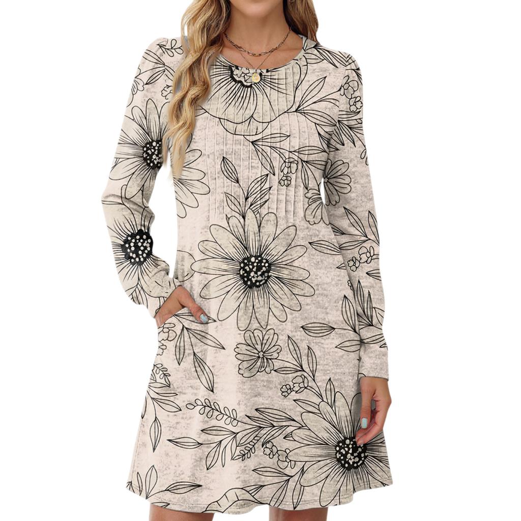 Women's Long Sleeve Pleated Round Neck Floral Print Casual Dress With Pockets