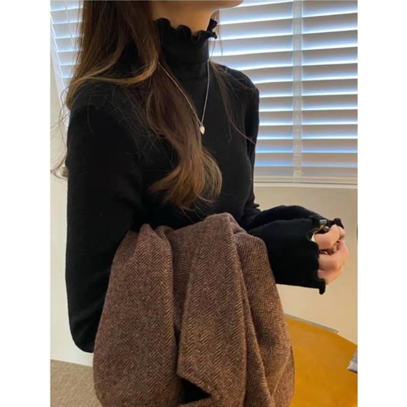 

Early Spring New Thin Half-high Neck Bottoming Shirt for Women s Black Ears with Fashionable Slim Fit Inside with White Long-sleeved T-shirt 3XL чорний