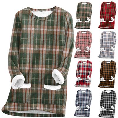 Women's Fashion Plaid Print Round Neck Long Sleeve Plush Winter Warm Pullover Top