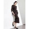 Elegant Coffee-Colored Collarless Skirt Suit for Women with Waist-Cinching Belt - Perfect for Urban Professional Style and Commuting.