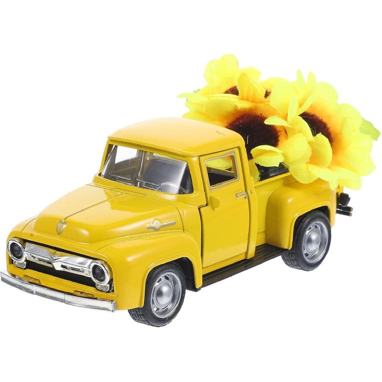 BESPORTBLE Farmhouse Yellow Truck, Vintage Truck Decor Yellow Truck with Flowers Rustic Metal Decorative Truck with Flowers for Home Table Decoration