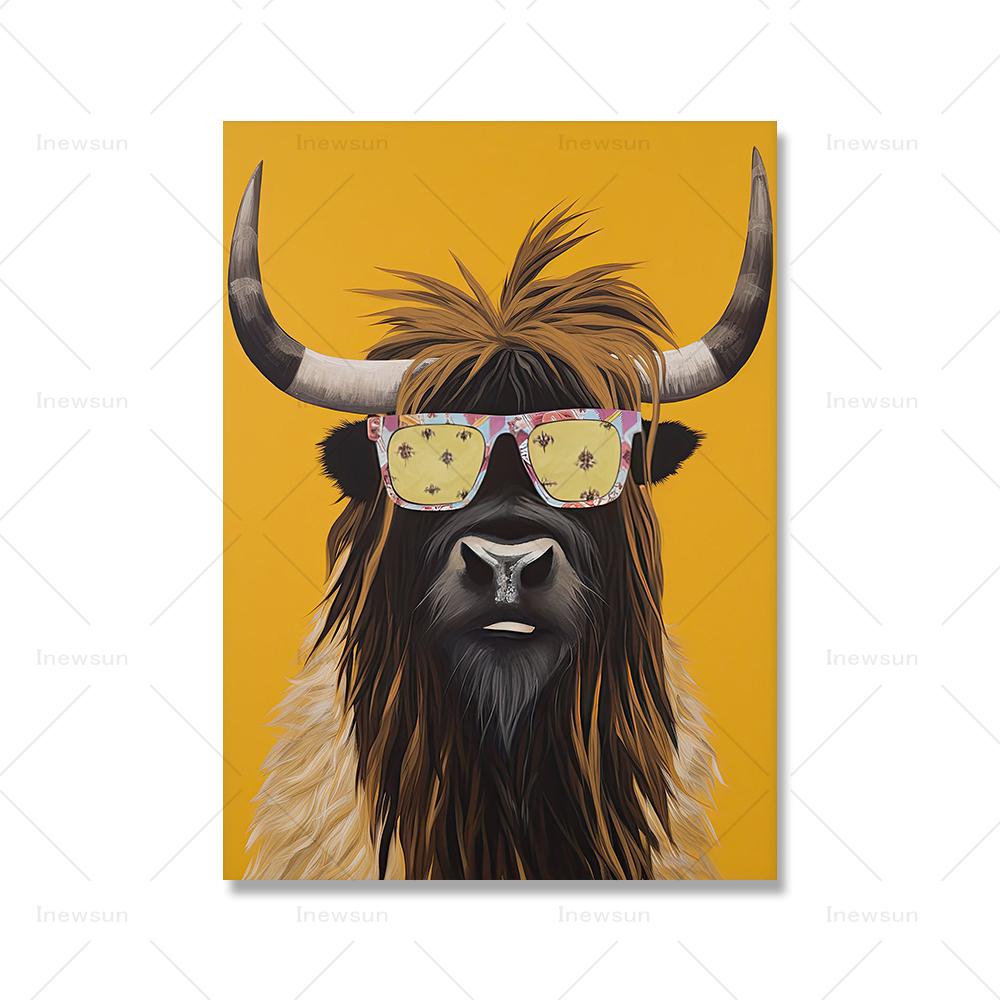 

Highland Cow Poster Llama Yak Animal Canvas Painting Fun Sunglasses Wall Art Print Nordic Nursery Picture Living Kids Room Decor 21x30cm No Framed