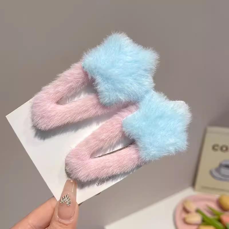2Pcs Sweet Girls Plush Star Hairpins 2023 Children Kids Fluffy Star Hair Clip Barrettes BB Clip Side Bang Clips Hair Accessories