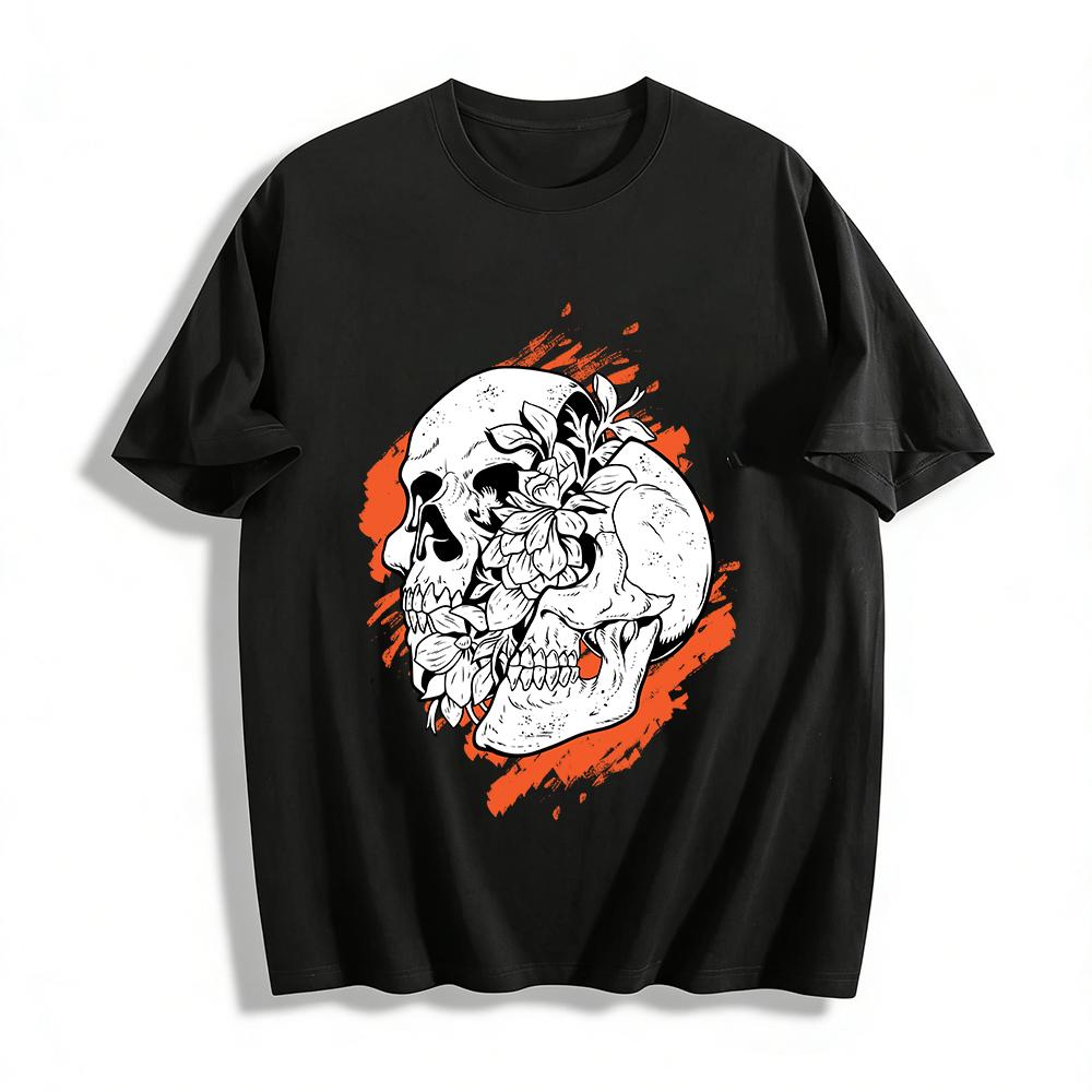 Dark Style Skull Flower Print Trendy Cool Casual Short Sleeve T-Shirt Pure cotton T-shirt XXS