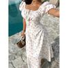 Floral Bubble Sleeve Long Dress Women's 2026 Summer New Square Neck Pleated Slim Dress