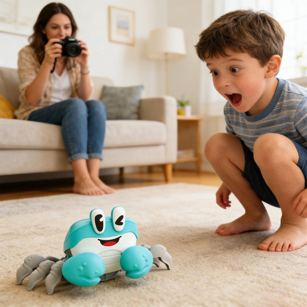 Електрична іграшка-краб для втечі, щоб малюки повзали, ходили та уникали перешкод. Іграшка зі звуком та світлом.