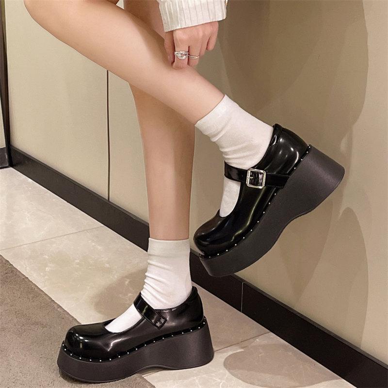 Fashion Patent Leather Thick Heeled Mary Jane Shoes Women Chunky Platform High Heels Women's Sweet Buckle Strap Round Toe Single Shoes