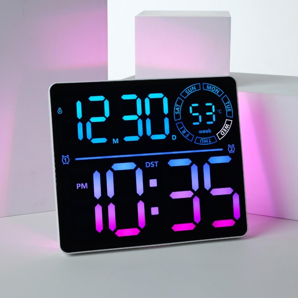 

LED Digital Wall Clock with RGB Color Changing Display Large Screen Date Temperature and Dual Alarm Function for Home Decor