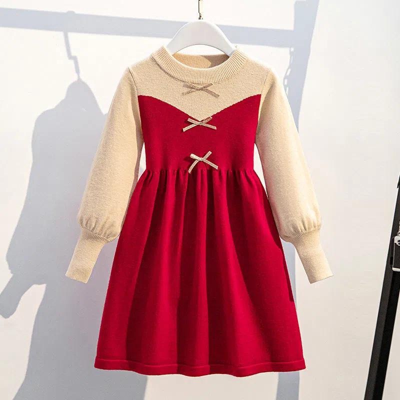 Dívčí svetrové šaty princeznovského střihu v kolejním stylu s dlouhým rukávem na podzim a zimu