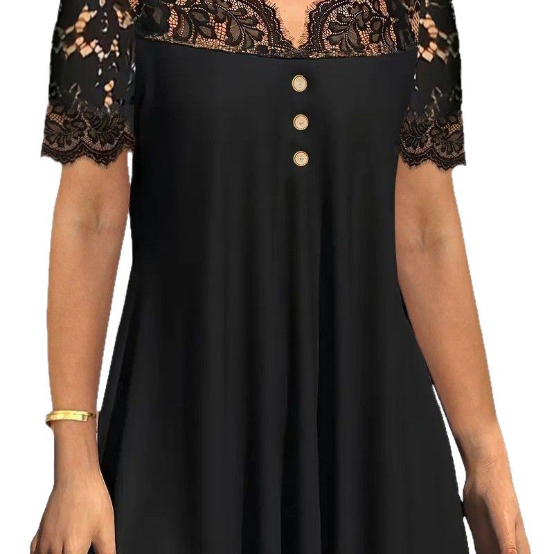 Damen Freizeitshirt, Schwarze Spitzennähte, Dekorative Knöpfe, Faltendes Taillenoberteil, Kurzarm Einfarbiges T-Shirt