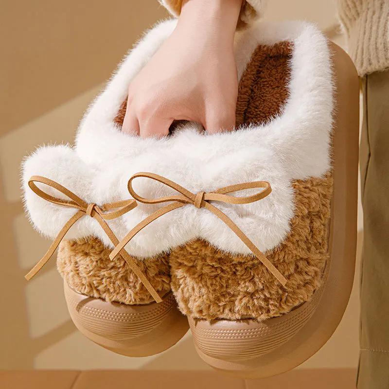 WTEMPO Soft Plush Women's Autumn Winter Bow Slippers Couple Thick Heel Non-slip Indoor Warm Cotton Slippers