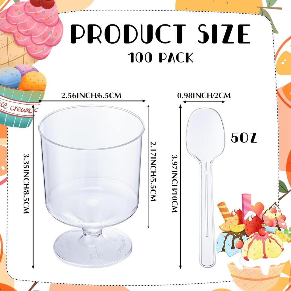 Nuogo 200 Pcs Dessert Cups with Spoons 100 Pcs 5 oz Mini Clear Plastic Parfait Cup with 100 Spoon Disposable Dessert Goblets Appetizer Cup for Summer