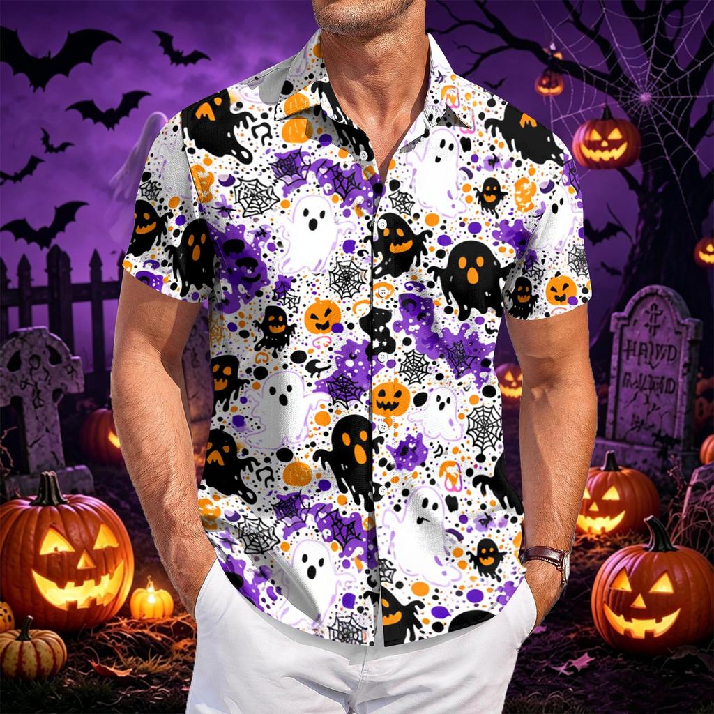 Men's Casual Short Sleeve Shirt Halloween Print Button Down Shirt Lightweight Breathable Fabric Relaxed Fit Shirt for Everyday Wear