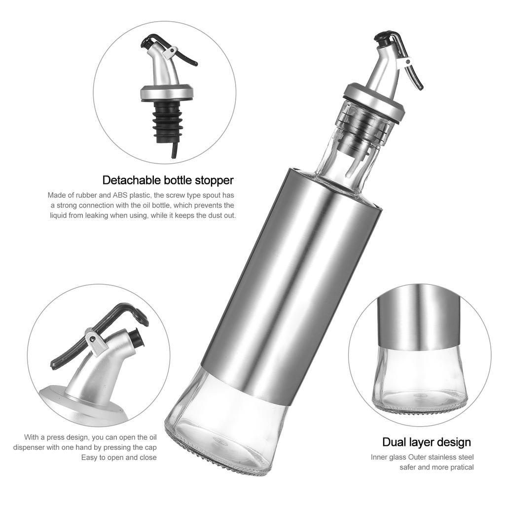 Olivenölspender Glas und Edelstahl Flasche Drizzler Essig- und Öl-Karaffe mit Ausgießer Tropffreier Ausguss für