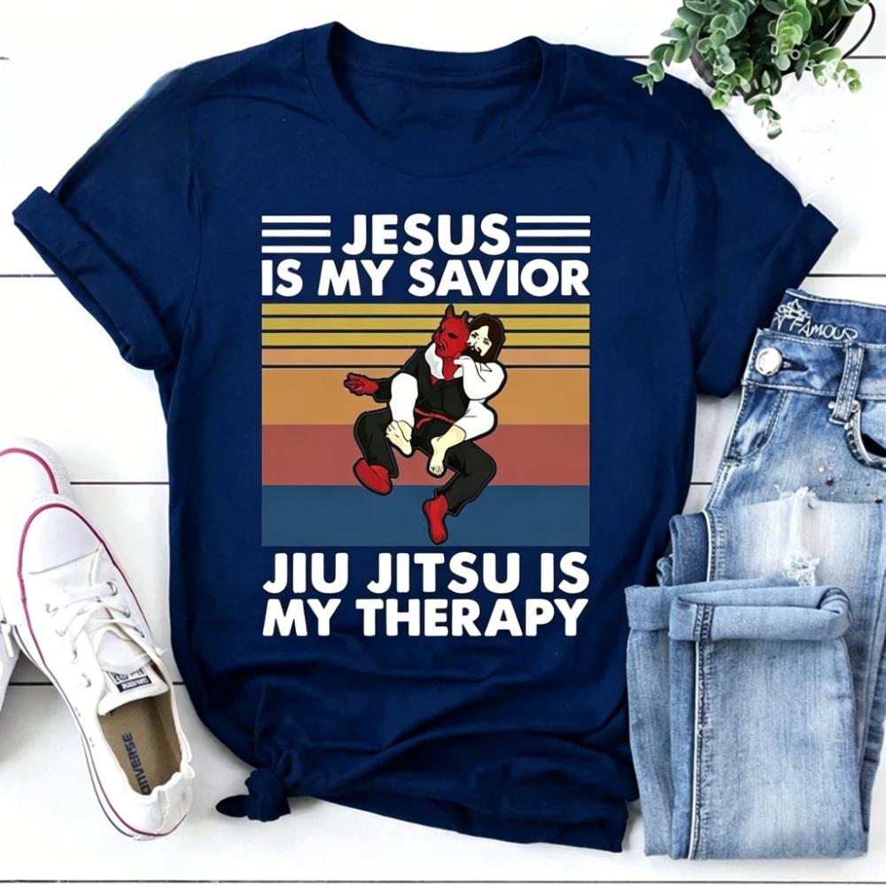 Jesus Is My Savior Jiu Jitsu Is My Therapy Funny Christian Gift Bjj Shirt Funny Jesus and Satan TShirt Vintage T-Shirt