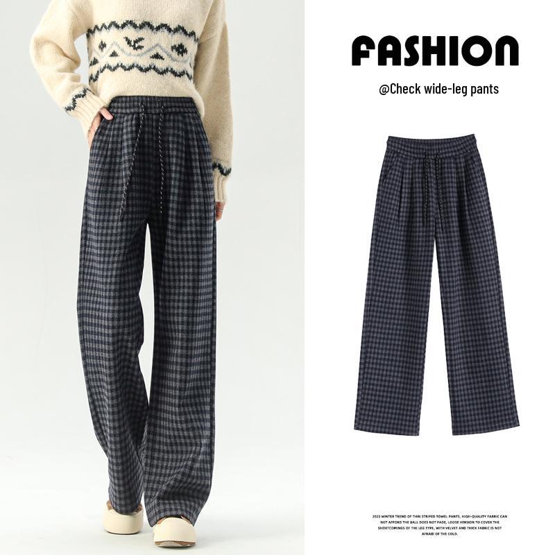 Zhengzhou Women's High Waist Retro Plaid Pants: Autumn/Winter Loose Slim Fit, Straight/Wide Leg, Fleece 2697.