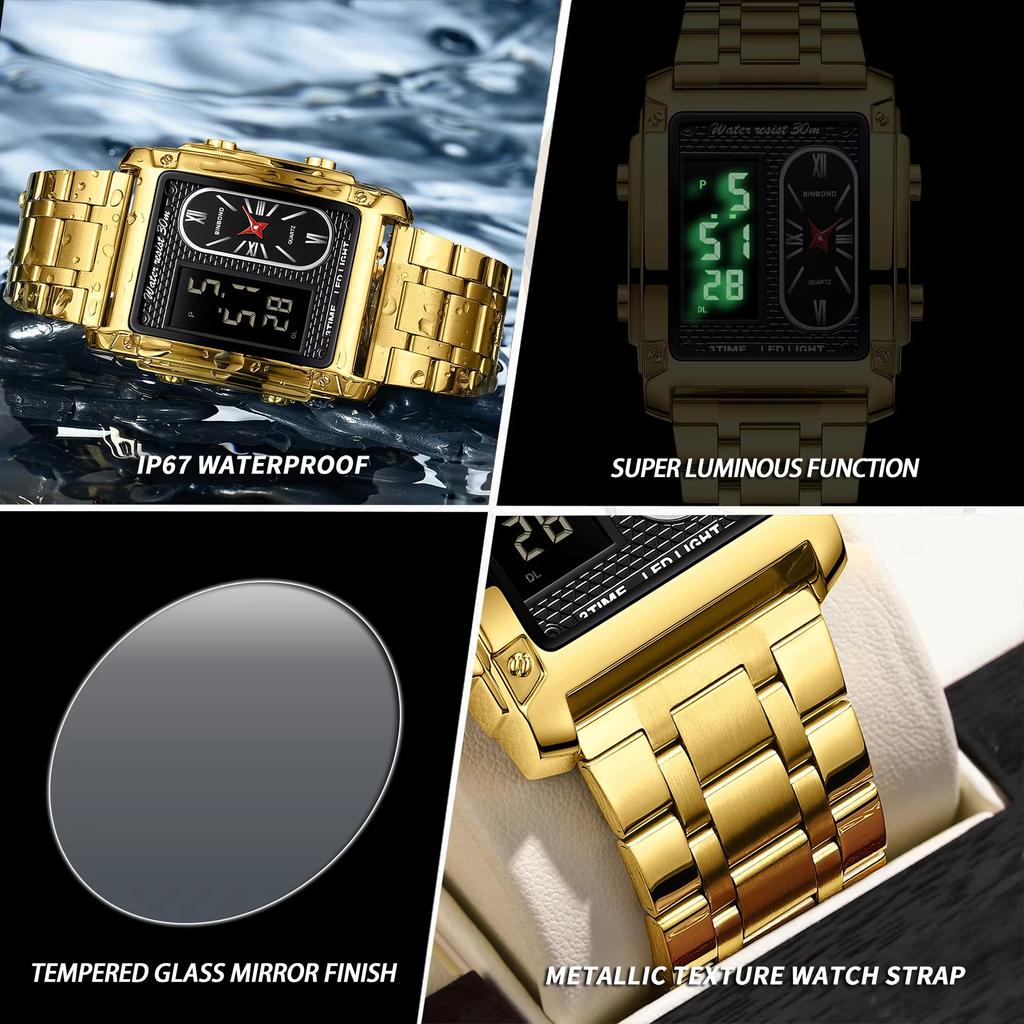 BINBOND 2311 Luxury Men's Quartz Watch Luminous LED Electronic Watch for Man Water-Resistant Stainless Steel Strap Reloj Hombre