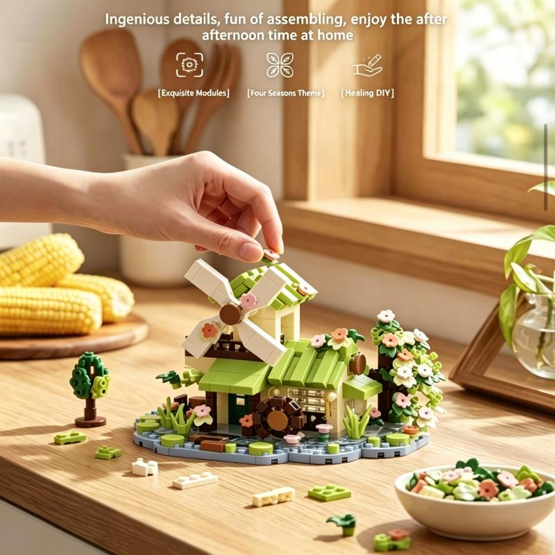 Four Seasons Cottage Building Block Set, Retro Mini House Model Kit with Windmill, Collectible DIY Assembly Toy for Adults, Idea