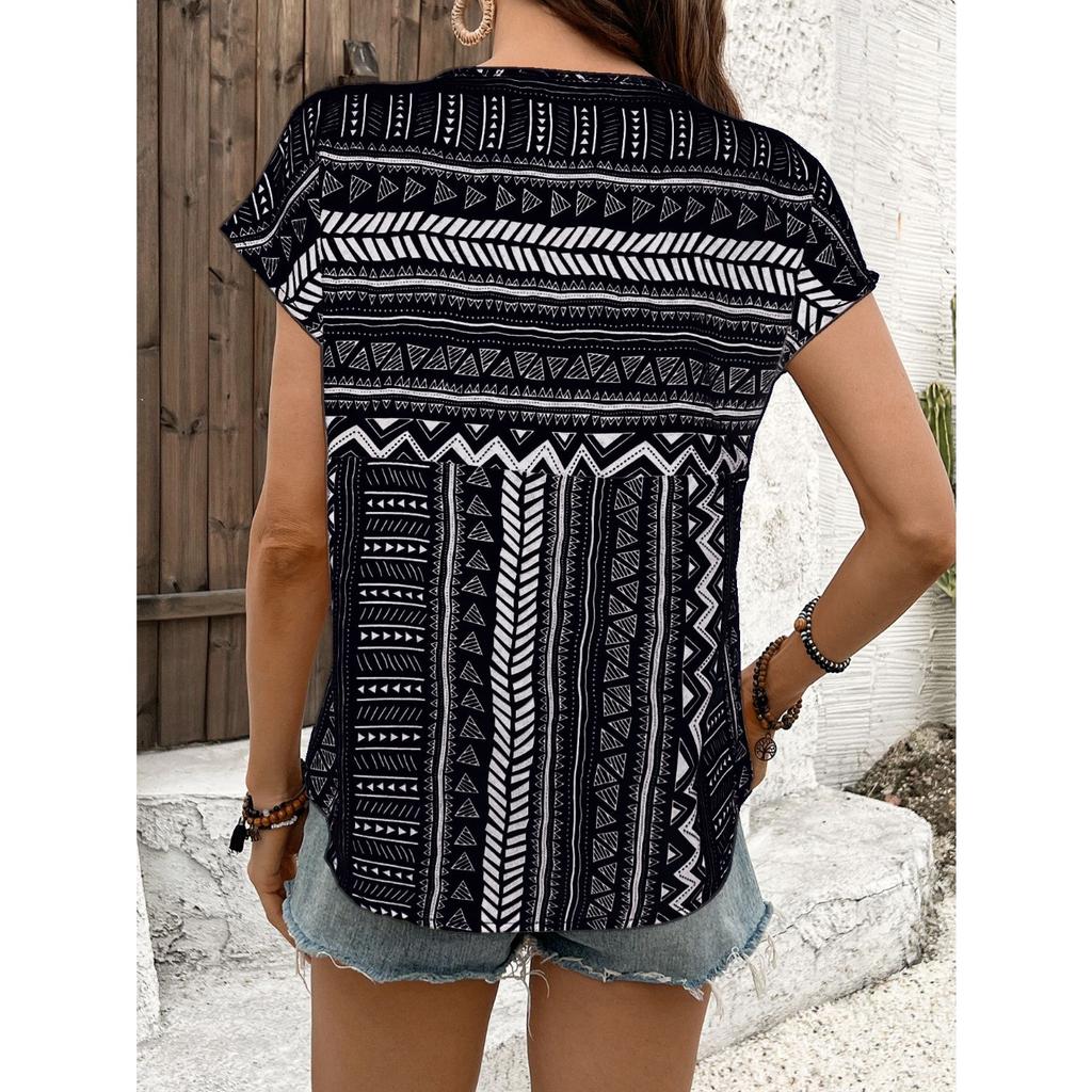GMXIA Women's European and American Geometric Pattern Round Neck Short-sleeved Shirt Top