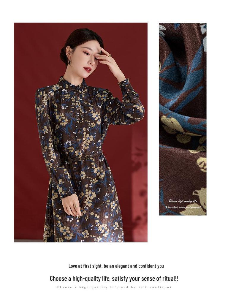 100% Mulberry Silk Long Sleeve Pleated Midi Dress for Women - Printed Slimming Style