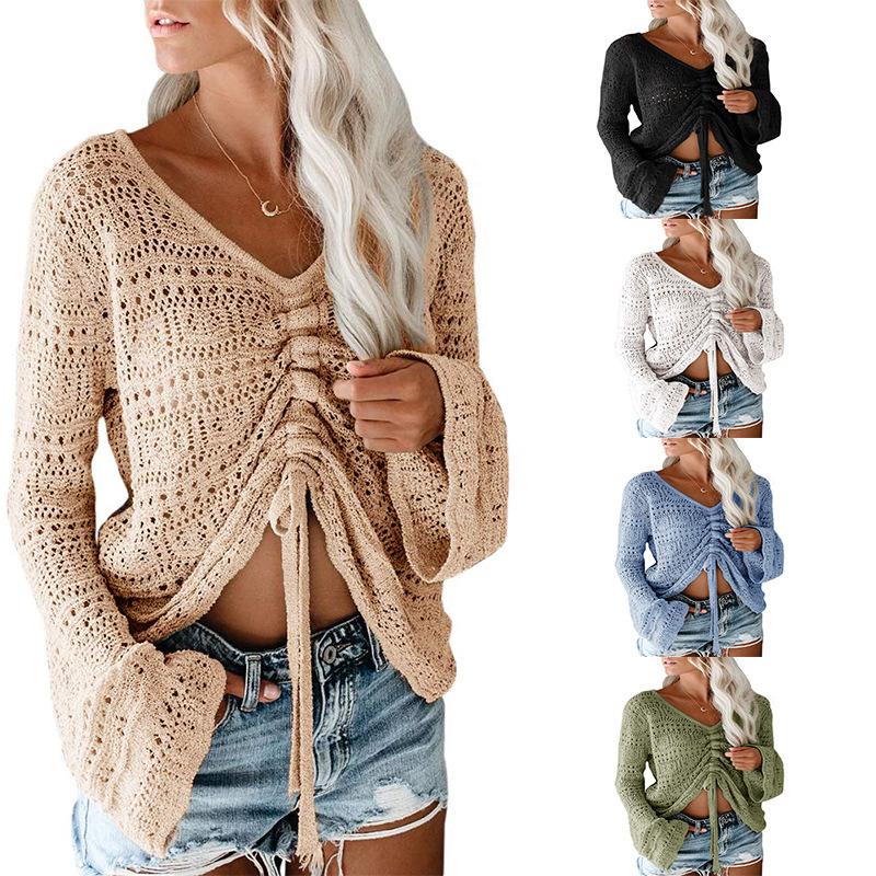 Summer Beach Bohemian Sweater Women's Strapless Hollow Flared Sleeve Drawstring Design Comfortable Knitted Undercoat Top