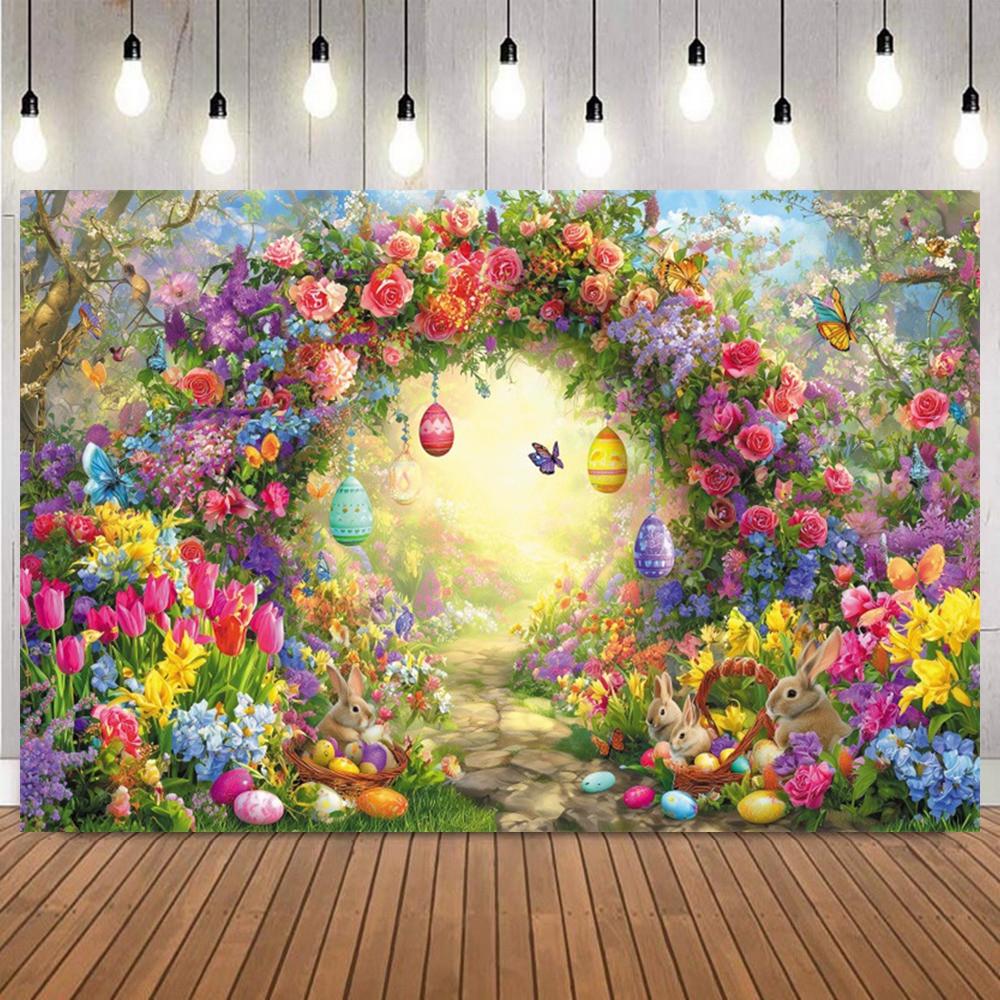 Easter Day Photo Background Flower Green Arch Easter Eggs Rabbit Kids Portrait Baby Shower Birthday Party Decor Backdrop Props5