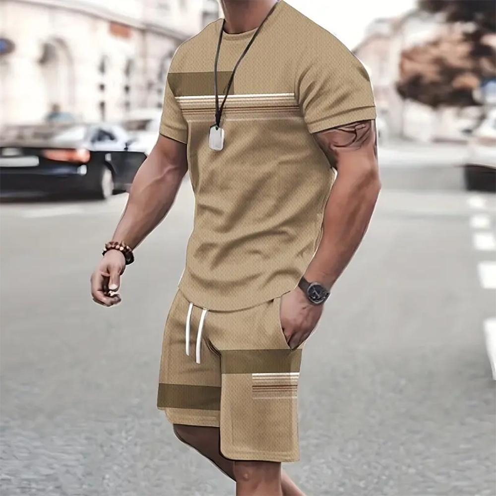 2 Piece Suits Men's Casual Pattern Printed Short Sleeve T Shirt And Track Shorts Set Holiday Lounge Beach Sports Suit Fitness