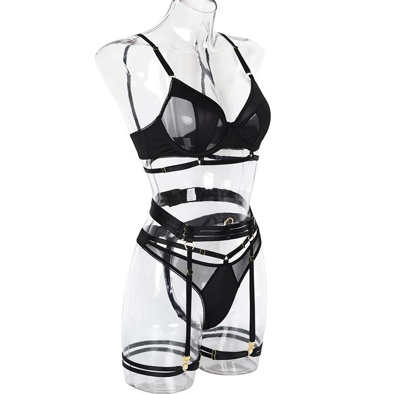 Four-Piece Sexy Lingerie Set: Russian Underwire Push-Up, Mesh-Stitched Heavy Craft Garter Belt