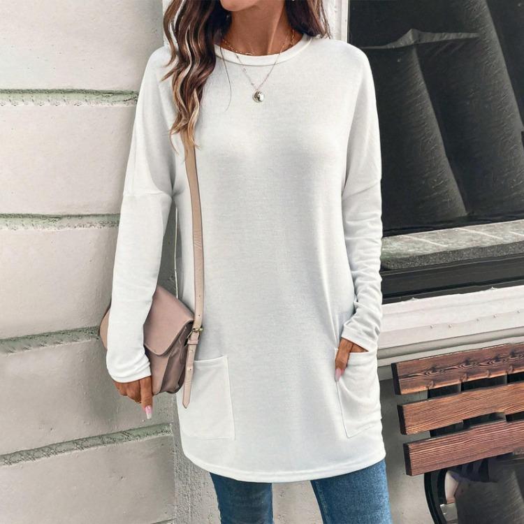 Loose Long Sleeve Crewneck Pocket Top Women Casual Solid Color Fashion S белый