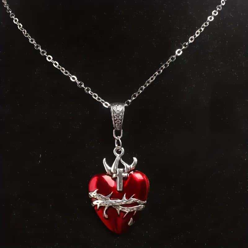 

Hip-hop Fashion Sliver Color Thorns Vine Winding Red Drip Glaze Heart Shape Dangle Earrings Necklace for Women Goth Punk Jewelry