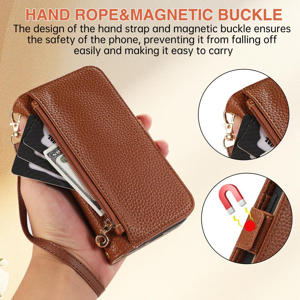 For iPhone 16 Wallet Phone Case Shockproof TPU+PU Leather Flip Cover with Mirror, Strap - Brown