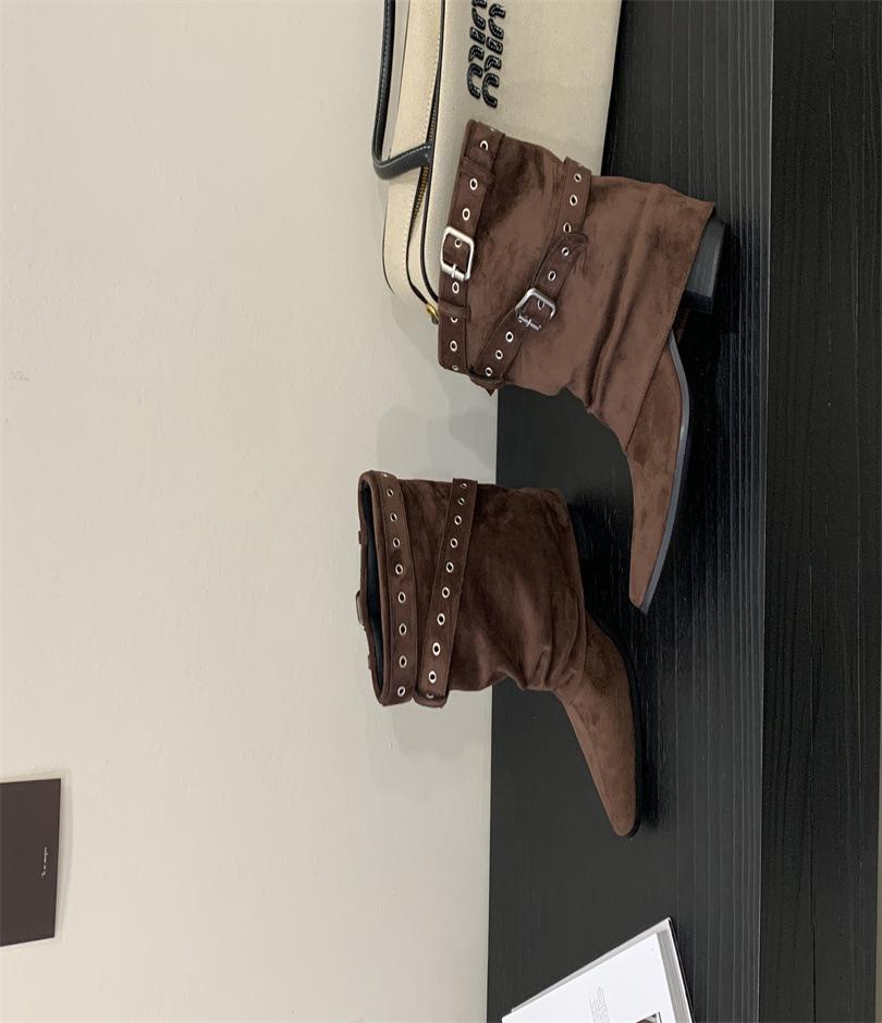 2025 New Retro Pointed Thin Boots Belt Buckle Thin But Knee Pile Boots Women's Versatile Thick Heel Mid Boots
