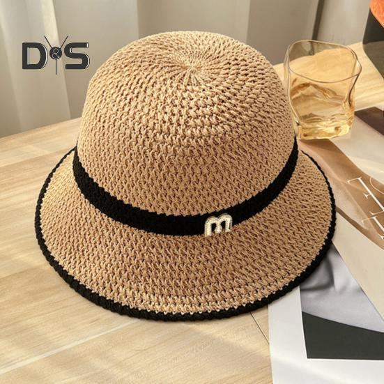 Summer Women Fisherman Hat Sun Protection Anti-UV Foldable Straw Hat Letter Decor Breathable Portable Camping Beach Travel Gardening Sun Cap