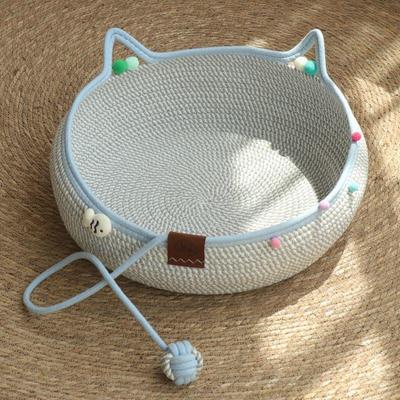Hand-Woven Cotton & Rattan Cat Bed with Scratching Board and Play Ball, Washable, Scratch-Resistant, All-Season Pet Nest.