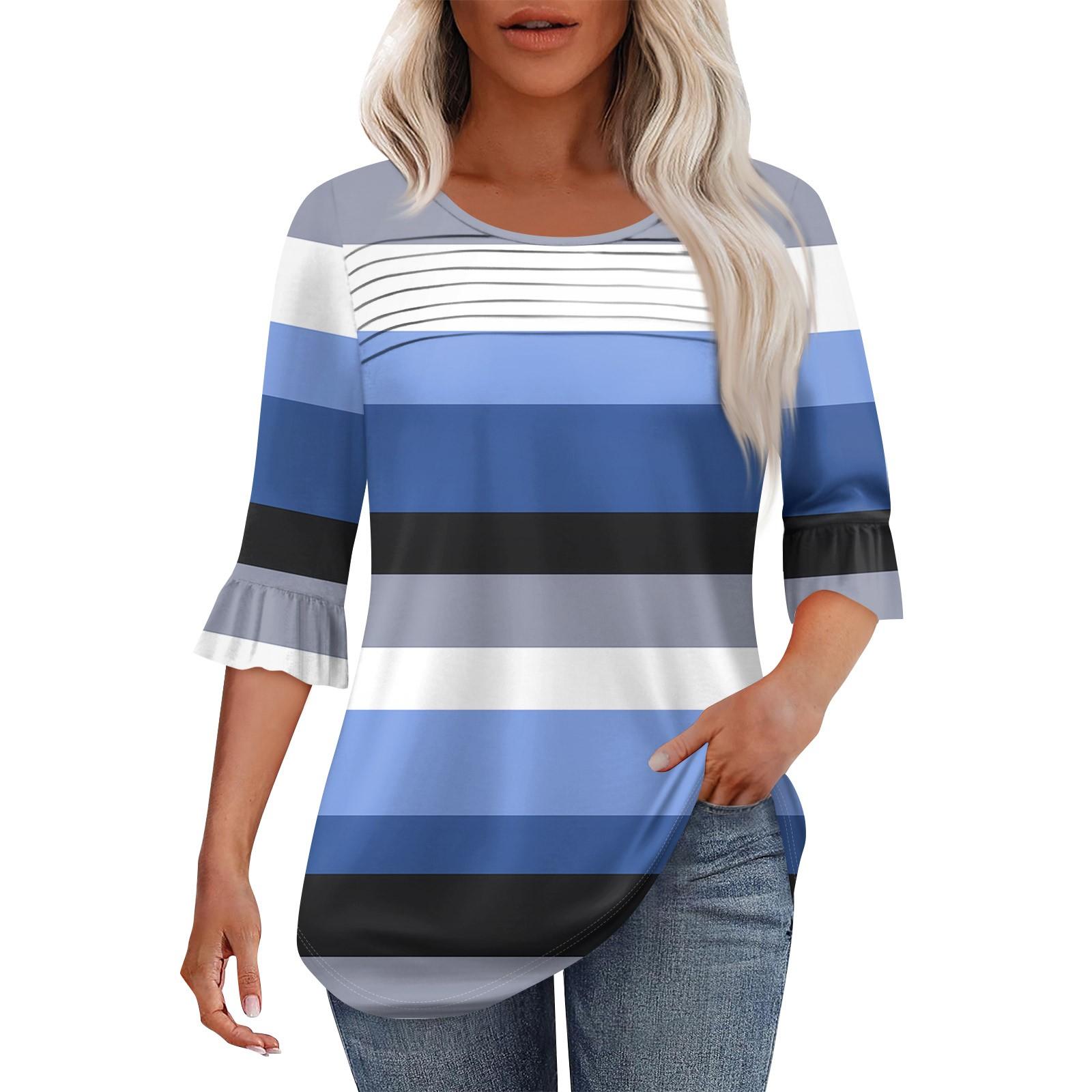 

Женская мода круглый вырез шея плиссированный спереди напечатанные точки расклешенный топ рукав 3/4 L