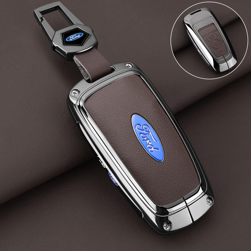 Leather Car Key Case Protector Cover for Ford Fusion Mustang Explorer F150 F250 F350 EcoSport Edge S-MAX Ranger Lincoln Mondeo