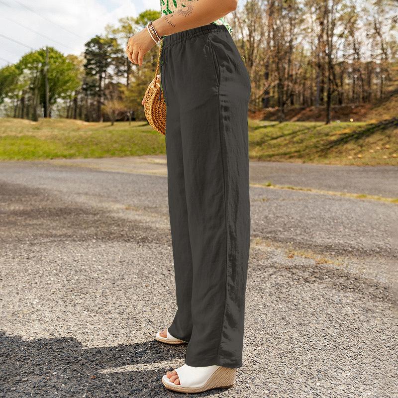 Women's Trousers Solid Color Casual Pocket Loose Elastic Waist Strap Cotton Linen Straight Trousers