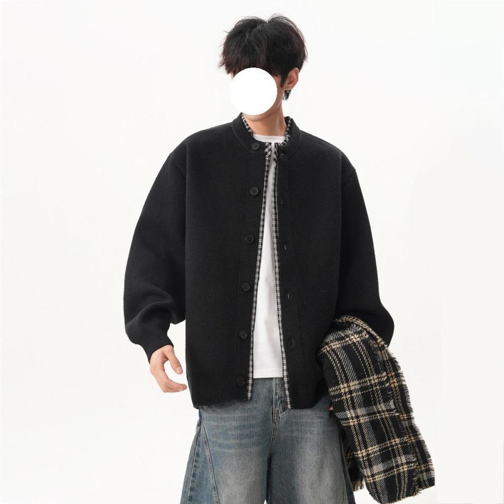 Men's Retro Patchwork Knit Cardigan - Autumn/Winter Trendy Loose Fit, Casual Button-Up Two-Piece Sweater.