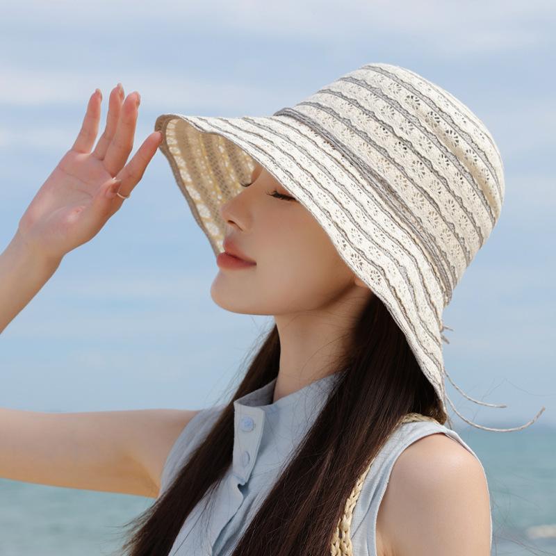 Summer hollow lace straw hat women's outdoor beach sunscreen hat design sun hat large brim sunshade bucket hat