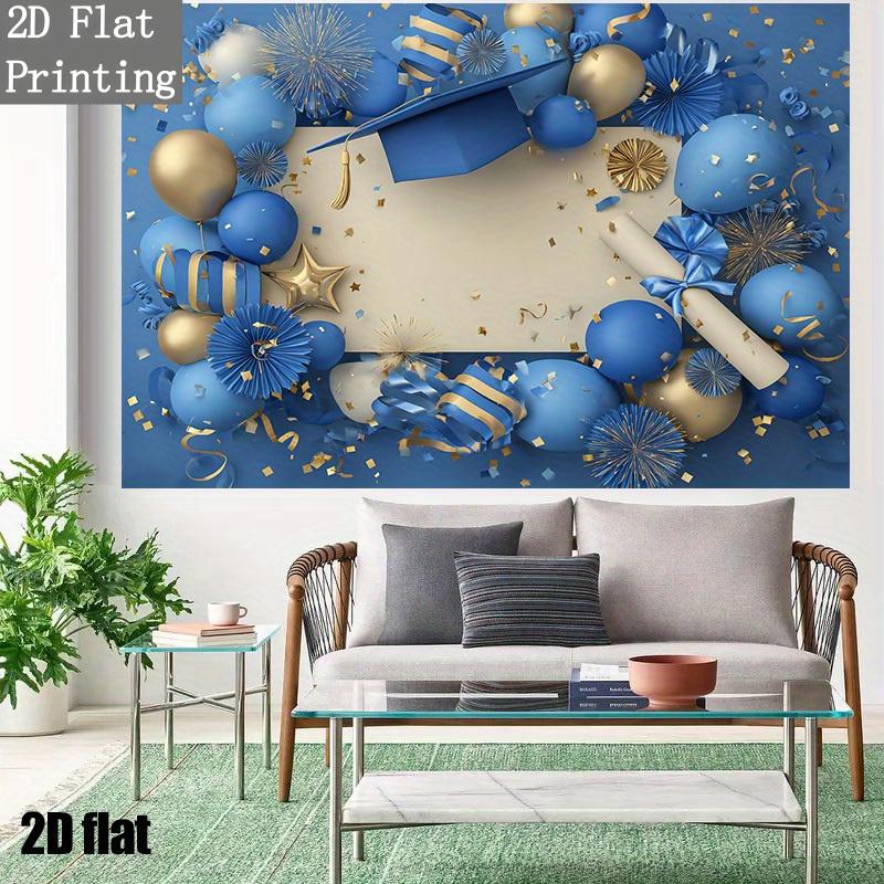 2D planar 1-piece graduation backdrop - navy blue and gold party decorations, polyester fabric banner